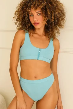 Sale Wave Front Zipper Closure Bikini Top Tops|Scoop Neck